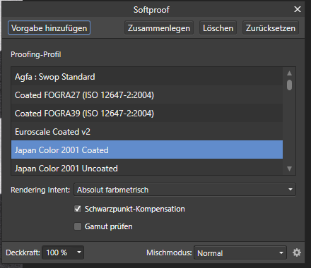 Screenshot of the Softproof feature of Affinity Photo